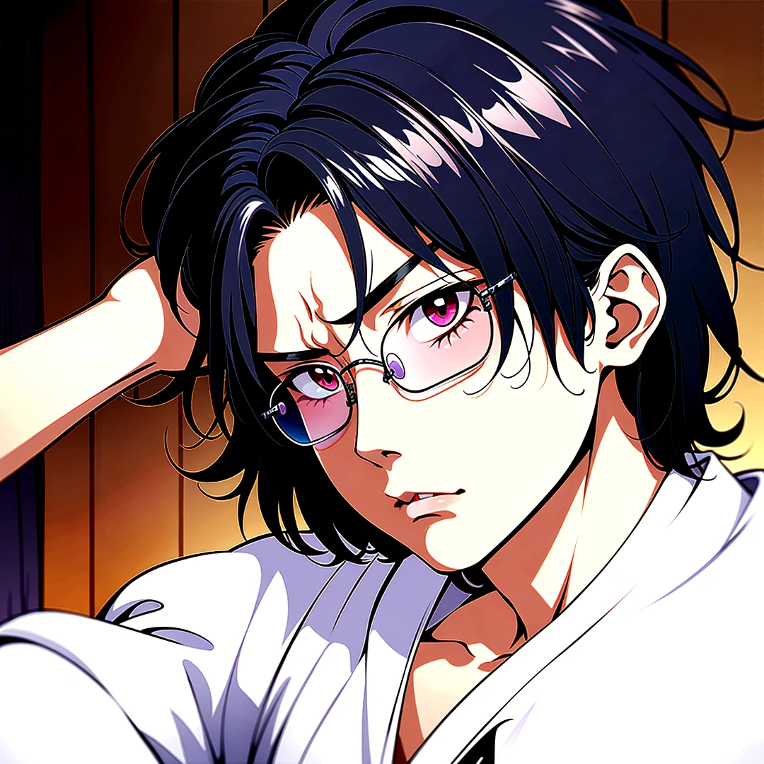 Anime guy with black hair and glasses lying on a wooden floor, ( ( ( yoh yoshinari ) ) ), tsurumaki kazuya, Handsome men from Demon Slayer, everyone, Also, He has a devastated look, Sleepy look, Tired and troubled expression, tanjiro kamado, Tired and troubled expression, Eat and drink, makoto shinka