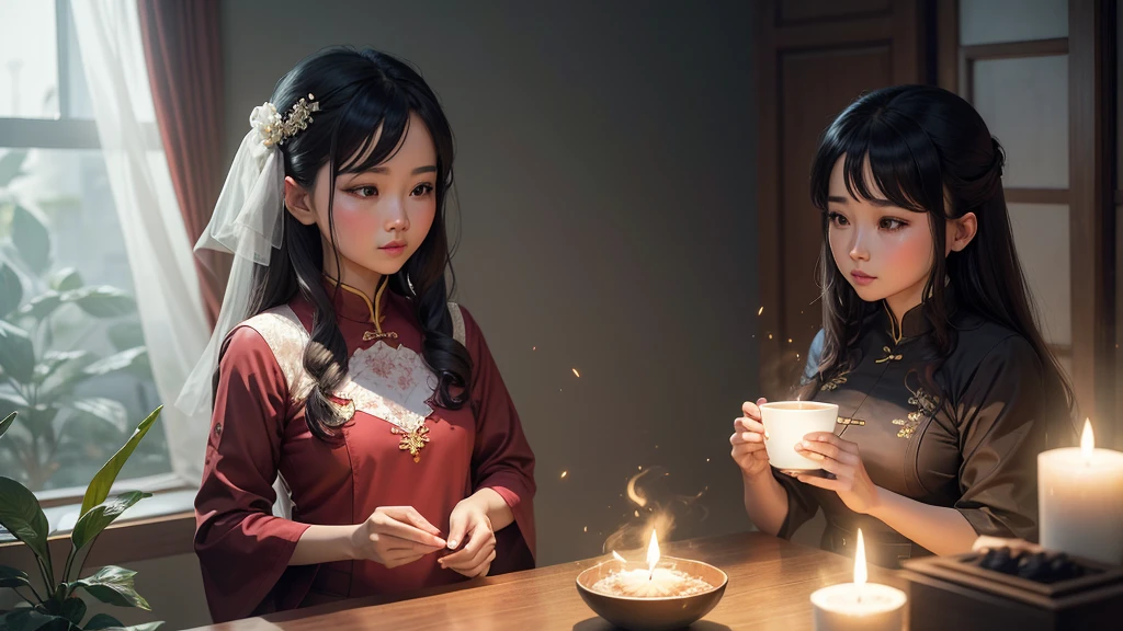 Bức ảnh này miêu tả một khung cảnh yên bình và thơ mộng bên bờ sông. Một ngôi nhà gỗ nhỏ với mái lợp truyền thống nằm trên bờ, xung quanh là cây cối và hoa cỏ. Trước ngôi nhà là một dòng sông tĩnh lặng, trên sông có một người chèo thuyền nhỏ đang di chuyển. Xa xa, những ngọn núi cao phủ sương mờ tạo nên một bức tranh phong cảnh hữu tình và tĩnh lặng. Những chi tiết như cây trúc, đá, và các dãy núi mờ ảo tăng thêm vẻ đẹp tự nhiên và thanh bình cho bức tranh.