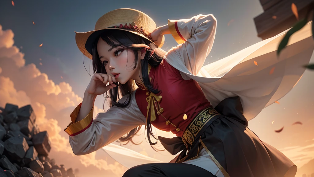Bức ảnh này miêu tả một khung cảnh yên bình và thơ mộng bên bờ sông. Một ngôi nhà gỗ nhỏ với mái lợp truyền thống nằm trên bờ, xung quanh là cây cối và hoa cỏ. Trước ngôi nhà là một dòng sông tĩnh lặng, trên sông có một người chèo thuyền nhỏ đang di chuyển. Xa xa, những ngọn núi cao phủ sương mờ tạo nên một bức tranh phong cảnh hữu tình và tĩnh lặng. Những chi tiết như cây trúc, đá, và các dãy núi mờ ảo tăng thêm vẻ đẹp tự nhiên và thanh bình cho bức tranh.