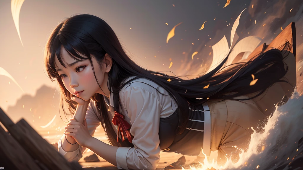 Bức ảnh này miêu tả một khung cảnh yên bình và thơ mộng bên bờ sông. Một ngôi nhà gỗ nhỏ với mái lợp truyền thống nằm trên bờ, xung quanh là cây cối và hoa cỏ. Trước ngôi nhà là một dòng sông tĩnh lặng, trên sông có một người chèo thuyền nhỏ đang di chuyển. Xa xa, những ngọn núi cao phủ sương mờ tạo nên một bức tranh phong cảnh hữu tình và tĩnh lặng. Những chi tiết như cây trúc, đá, và các dãy núi mờ ảo tăng thêm vẻ đẹp tự nhiên và thanh bình cho bức tranh.