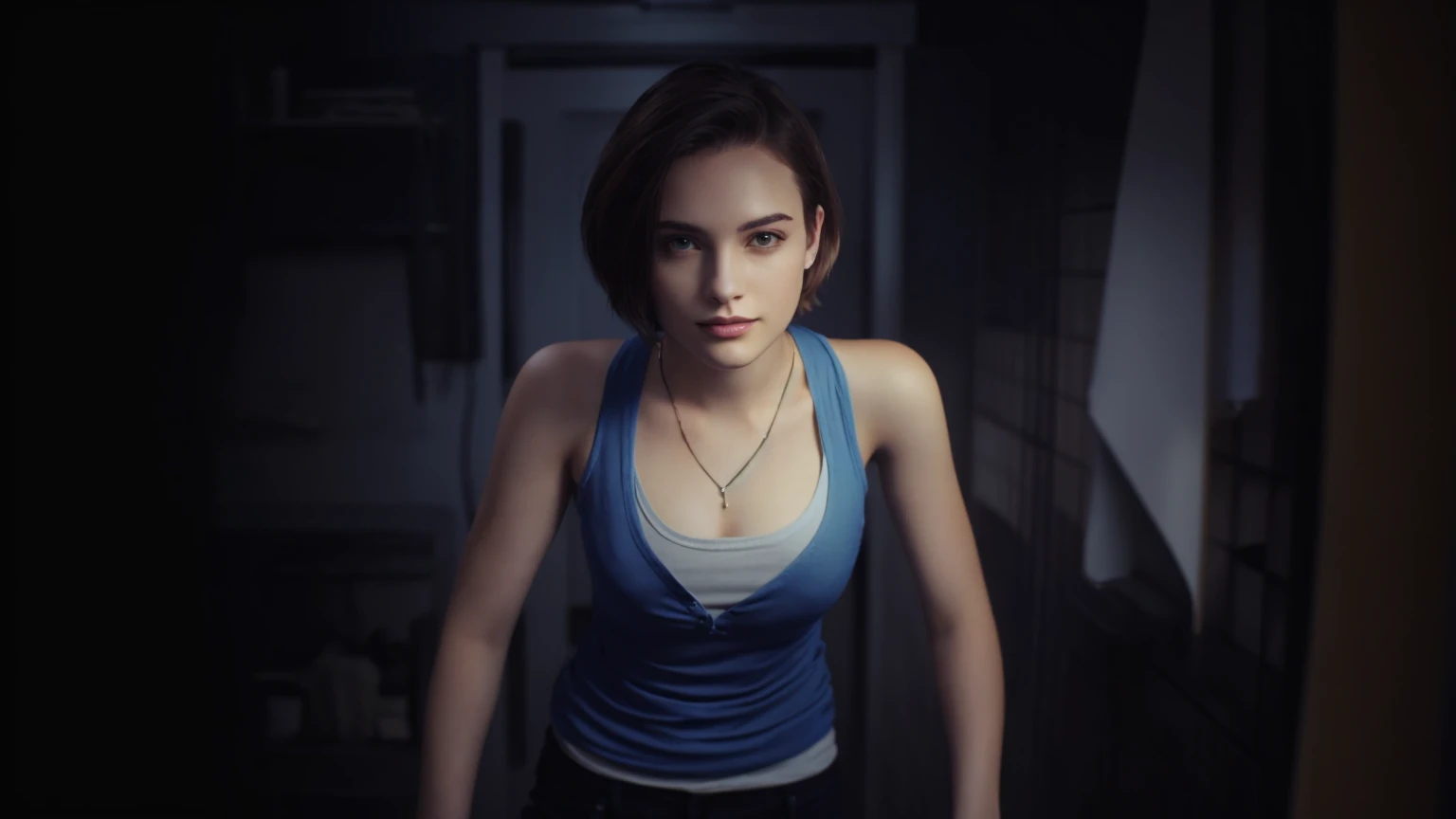 woman, short hair, blue shirt, looking forward