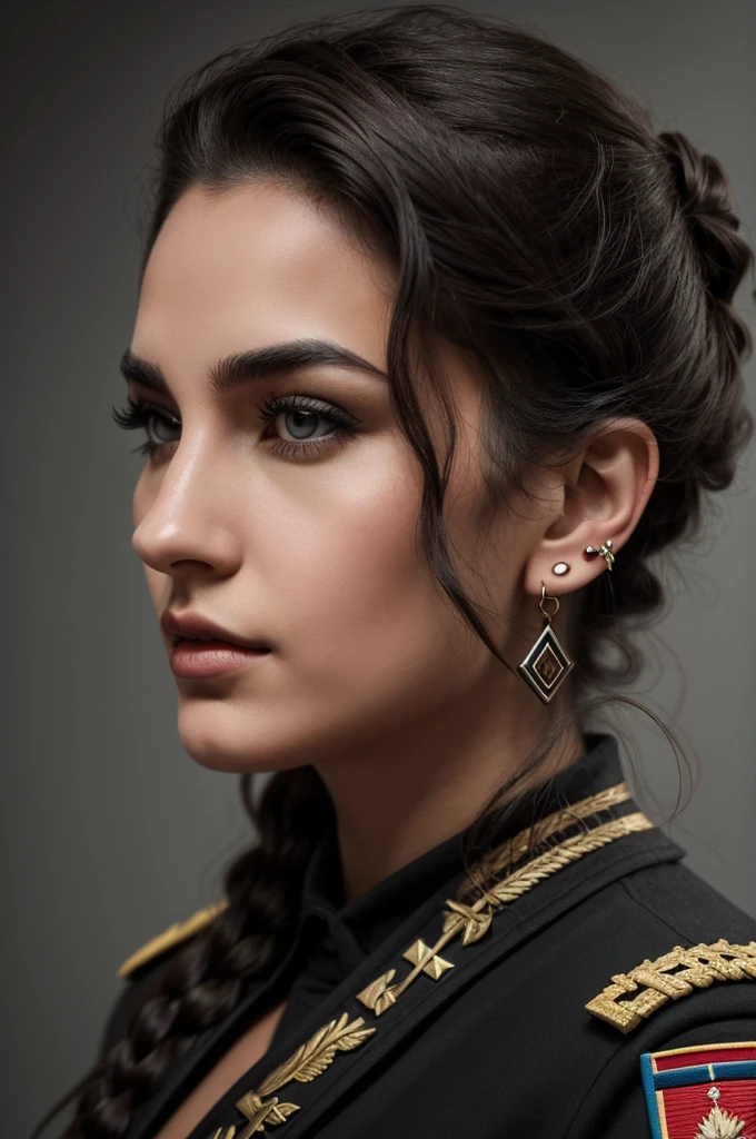 A young woman with dark brown hair, wavy and loose. She has large light gray eyes with dark makeup, well defined eyebrows, and a piercing in one of them. Her lips are painted deep red and she has two piercings in her lower lip.. He wears several earrings in both ears. He wears a dark uniform with an Argentine flag insignia on his shoulders.. The woman has a serious and focused expression and is in profile.