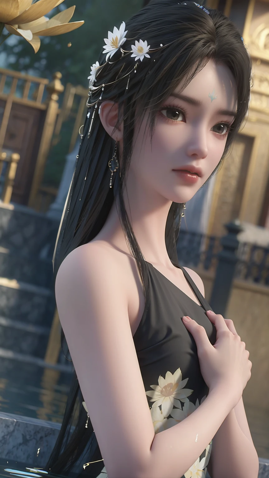 a beautiful young woman bathing in a serene lake, water up to her shoulders, her hands covering her chest, golden glowing lotus flowers floating on the surface, soft lighting, intimate and sensual mood, highly detailed, cinematic composition, realistic, photorealistic