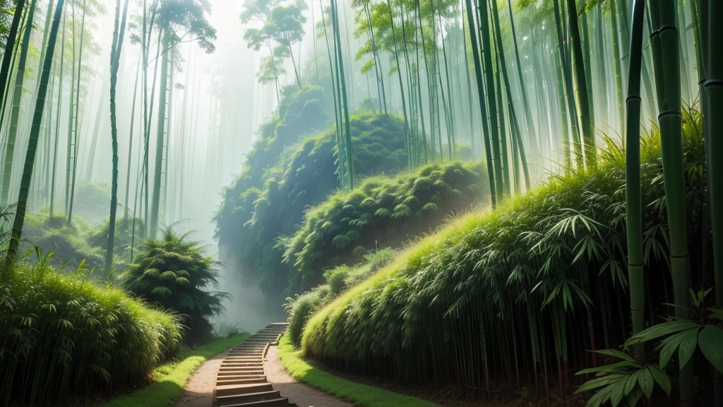 This photo depicts a small trail through a lush bamboo forest, extending deep into the mountain landscape. The high mountains are covered with thick mist, creating a magical and poetic scene. Tall, vertical bamboo trees along the path create a natural fence, contributing to enhancing the natural beauty and tranquility of the area.