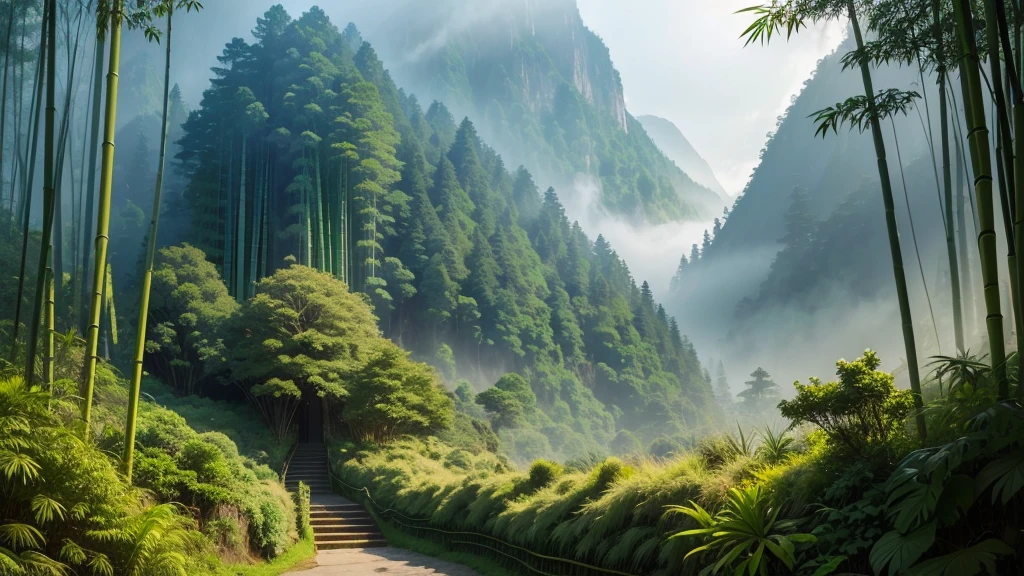 This photo depicts a small trail through a lush bamboo forest, extending deep into the mountain landscape. The high mountains are covered with thick mist, creating a magical and poetic scene. Tall, vertical bamboo trees along the path create a natural fence, contributing to enhancing the natural beauty and tranquility of the area.