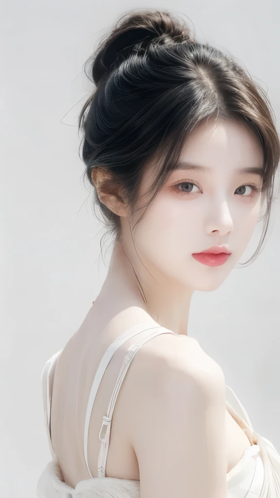 masterpiece, 1 beautiful girl, Exquisite eyes,Eye bags, Top quality, Ultra high resolution, (Reality: 1.4), original photo, 1 girl, light, Japanese, Asian Beauty, Korean, very beautiful, Beautiful skin, Slim, Body facing forward, (超Reality的), (high resolution), (Eight thousand), (Very detailed), (Best Illustration Award), (Exquisite eyes), (Extremely detailed), Delicate face, Looking at the audience, Facing straight ahead, Neat clothes, sleeveless, short hair, Black Hair, 46 side bangs, White background, Tidy room,