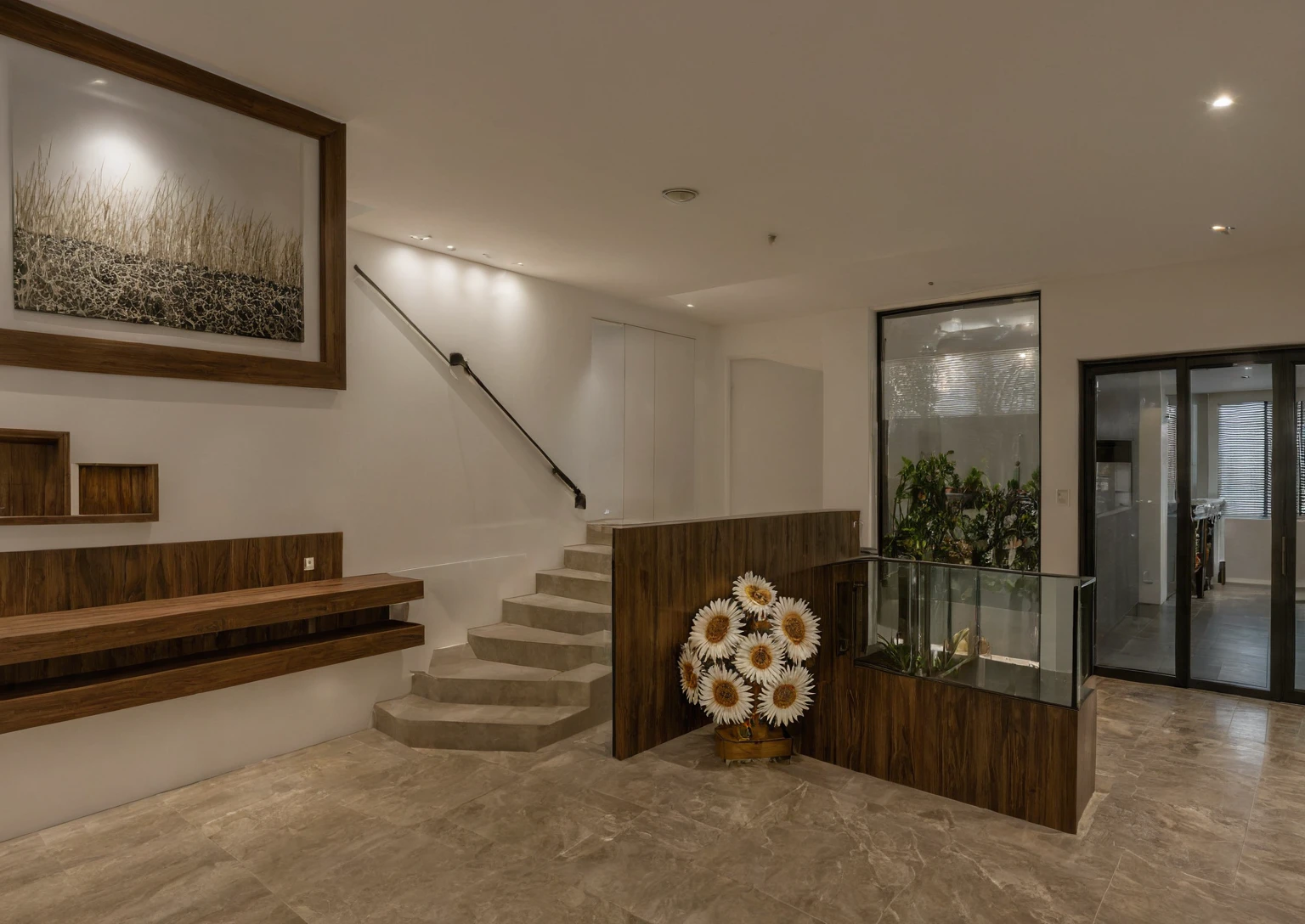 Raw photo, Masterpiece, high quality, best quality, authentic, super detail, interior, indoors,  style modern, minimalist line, wooden, dark walnut wood, LED light, white paint wall, LIVING ROOM, PEN HOUSE, wooden window, japan style, wasabi style, Jen style, steel stair, glass railing, paint wall decor, bookshelf, livingroom, Indochine style, book shop
