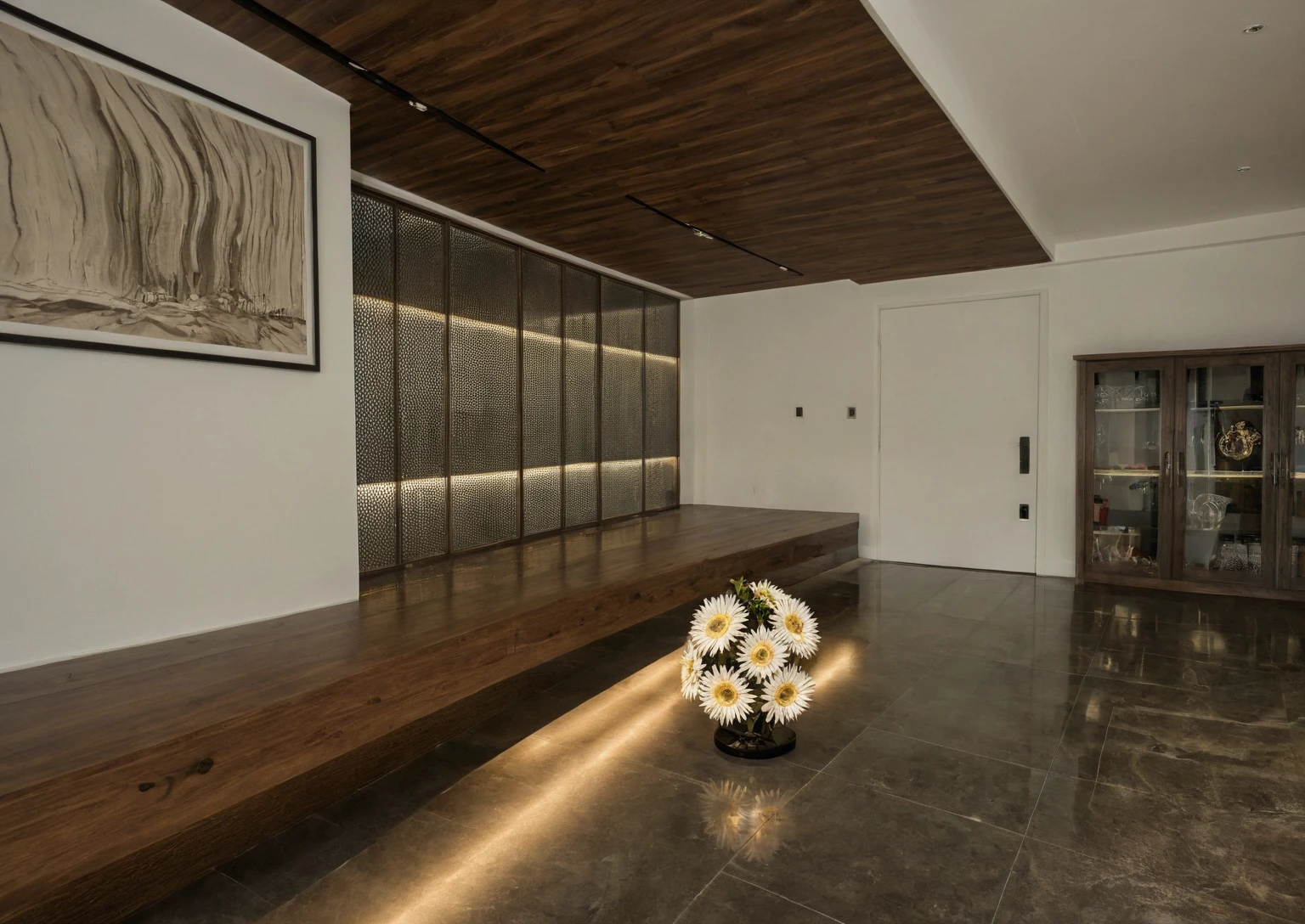 Raw photo, Masterpiece, high quality, best quality, authentic, super detail, interior, indoors,  style modern, minimalist line, wooden, dark walnut wood, LED light, white paint wall, LIVING ROOM, PEN HOUSE, wooden window, japan style, wasabi style, Jen style, steel stair, glass railing, paint wall decor, bookshelf, livingroom, Indochine style, book shop