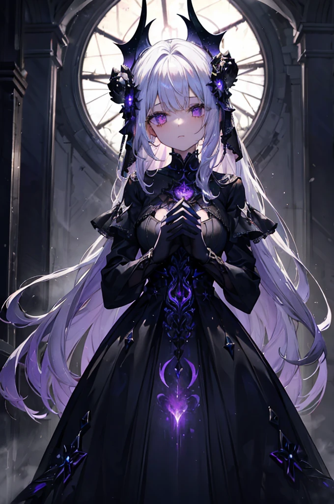 1girl, otherworldly envoy, long obsidian hair with streaks of cosmic violet, eyes like abyssal pools reflecting nebulous horrors, skin pale as if illuminated by starlight, clad in an ethereal gown that whispers of ancient and forbidden knowledge, adorned with amorphous ornaments that defy earthly geometry, standing in the heart of a derelict cathedral, its architecture a blend of gothic and incomprehensibly alien designs, an ambient glow of eldritch energy suffusing the air with a spectral chill, artwork capturing the haunting beauty of her presence, a visual ode to the ineffable, with meticulous detailing, tonemapping that accentuates the uncanny dichotomy of light and darkness, sharp focus giving life to the indescribable and the eerie.