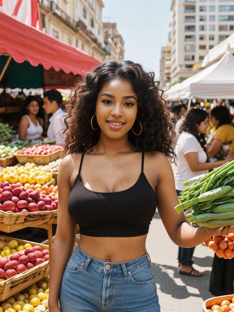 her name is Aaliyah, high quality, 1woman, ((24 year-old Black woman with large breasts: 2.1, curly hair)), ((24 years old)), Full lips, ((Detailed face, Highly Detailed Lips, brown eyes)), voluptuous body, BREAK, wearing contemporary Generation-Z wear, BACKGROUND: outdoors: "a lively marketplace on a sunny day: colorful stalls, bustling crowds, vendors selling fresh produce and handmade crafts, the aroma of street food wafting through the air—a vibrant and bustling scene", pose: dynamic Instagram poses, realistic, looking at the viewer,
