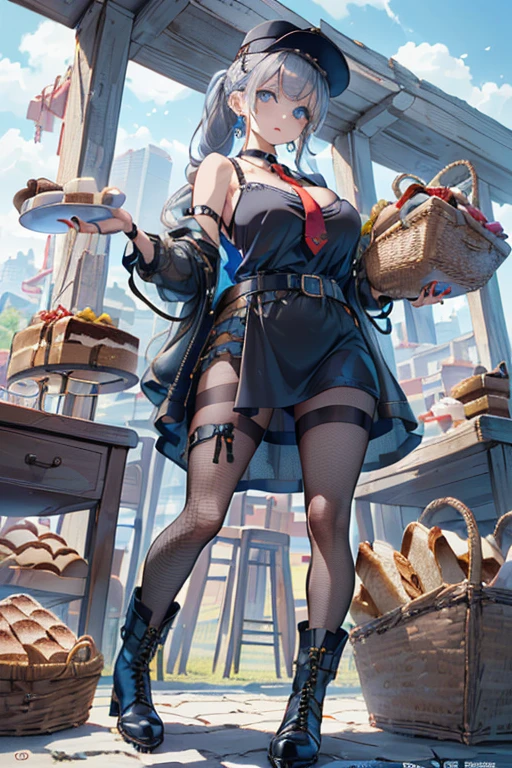 (perky chest:1.2), (pointed chest:1.2),(Pudding cake magazine cover:1.3),(from below:1.2),(shoot from the side:1.1),(((Black Tunic:1.3))),(((cakes and bread in the basket),a 23yo Cute and beautiful girl,masterpiece、highest quality、Very detailed、Beautiful fine details、Detailed landscape、Braided Ponytail、Red camisole、((B cup breasts, Tank top showing underboob:1.0)), thigh strap, bangs, necktie, earrings, nail polish, fishnet pantyhose, silver hair, looking at viewer, full body, bottle, own hands together, belt, food, ring, choker, english text paper:1.2, collared shirt, blue eyes, hat,lace-up boots ,