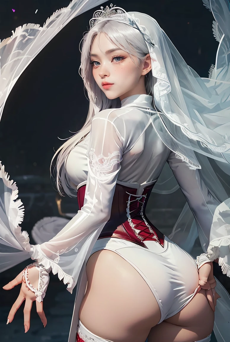 1girl, ((extremely detailed CG unity 8k wallpaper)), masterpiece, ultra-detailed, floating, high resolution, sexually suggestive, (petite, absurdly long white hair, princess, white mage, blue eyes, (ornate long white and red see through layered long dress with long detached wide sleeves and intricate embroidery), bridal veil, circlet, bridal gauntlets, blushing, shy, arched back, ruffled petticoat, ornate corset,