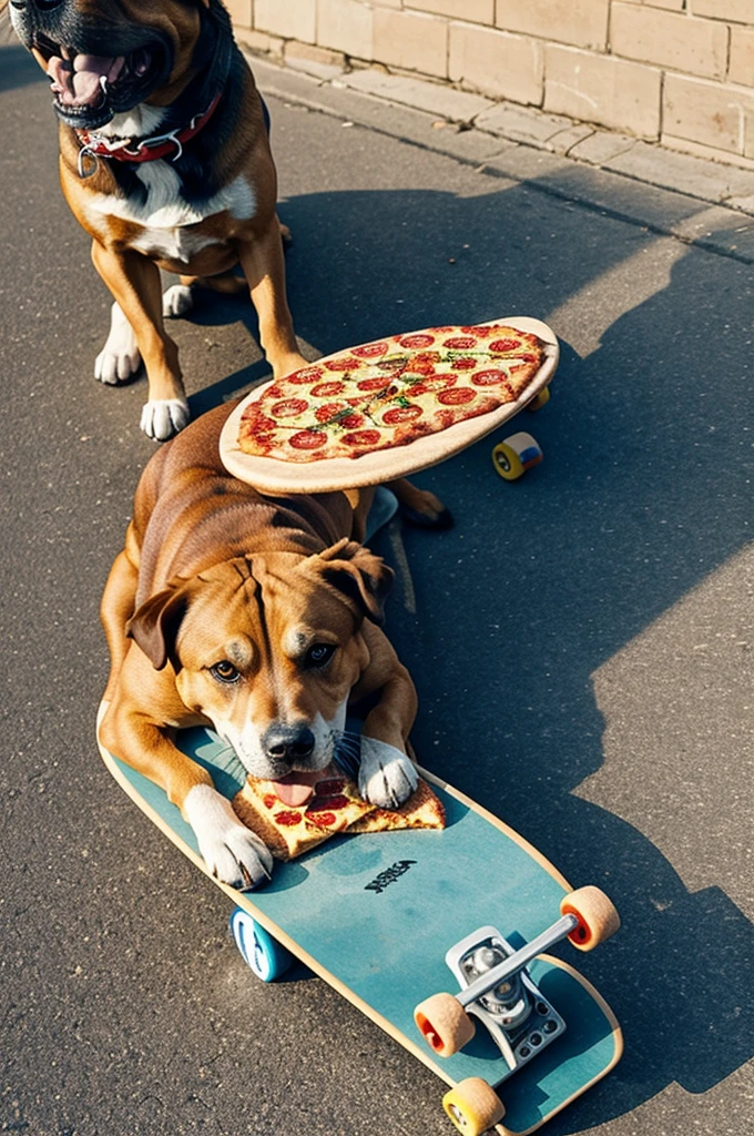 A dog on a skateboard eating pizza 
