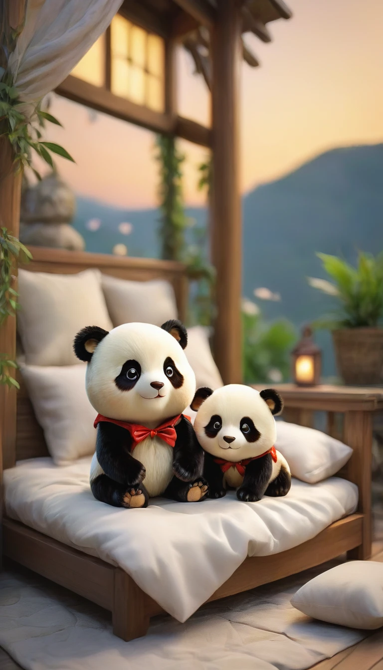 With the sunset in the background,(masterpiece:1.2, high quality), Several baby pandas sleeping together in bed、