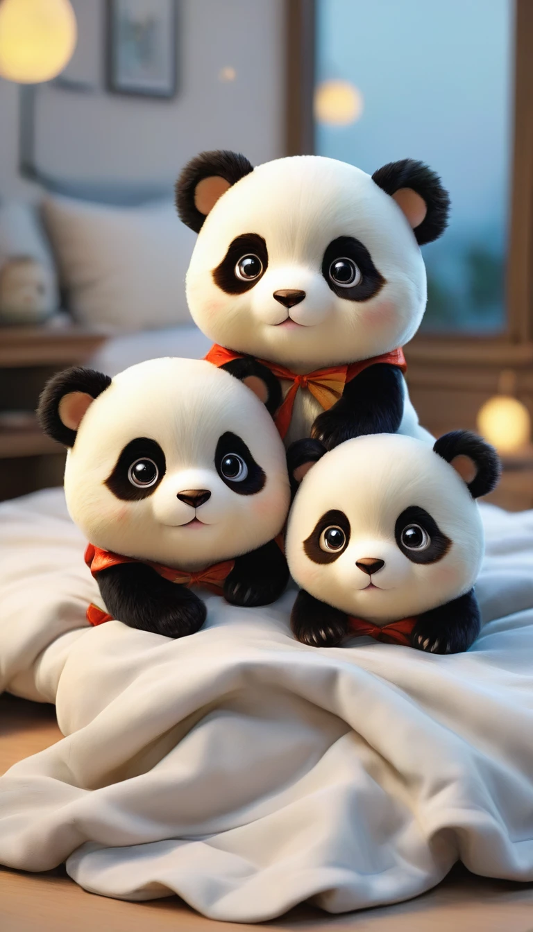 With the sunset in the background,(masterpiece:1.2, high quality), Several baby pandas sleeping together in bed、