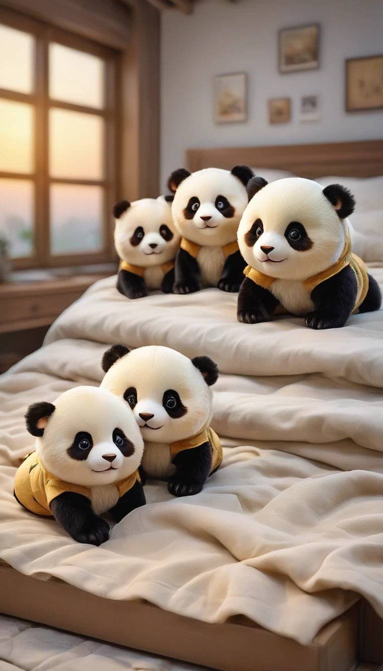 With the sunset in the background,(masterpiece:1.2, high quality), Several baby pandas sleeping together in bed、
