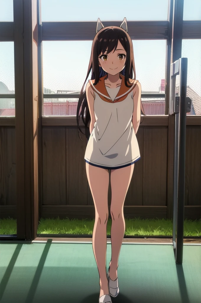 One Girl, alone, whole body, In-person audience, View your audience, smile, I401KC, Long Hair, White shirt, Sleeveless,One piece swimsuit, Bare arms, Sleeveless shirt, headgear, School Swimsuit, Sunburn, Sunburnlines, Wear a swimsuit under your clothes, Sailor shirt, Orange sailor collar