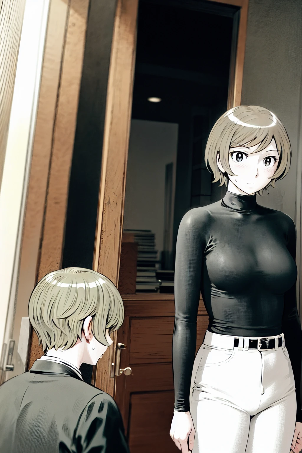 、(masterpiece、Highest quality)、Highest quality, Ultra-high resolution, (((masterpiece))), alone, Sweat、Big eyes,Tight black shirt、Tight white pants、belt、indoor、Composition from the front、(Cut the back hair short、short hair、blonde、woman)、Shortcuts、Embarrassed face、Cut your hair short、可愛いwomanの子、Big Breasts、office