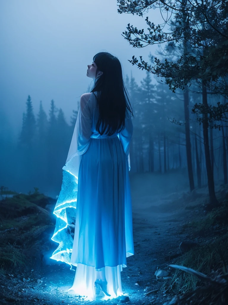 Blue Flame、ghost、Dark Forest、night、深night、Red eyes、Apparition、mysterious、lake、Foggy、turn around、spirit、Illusion、woman、turn around、Hair fluttering in the wind、Copyright circumvention、Blue light、