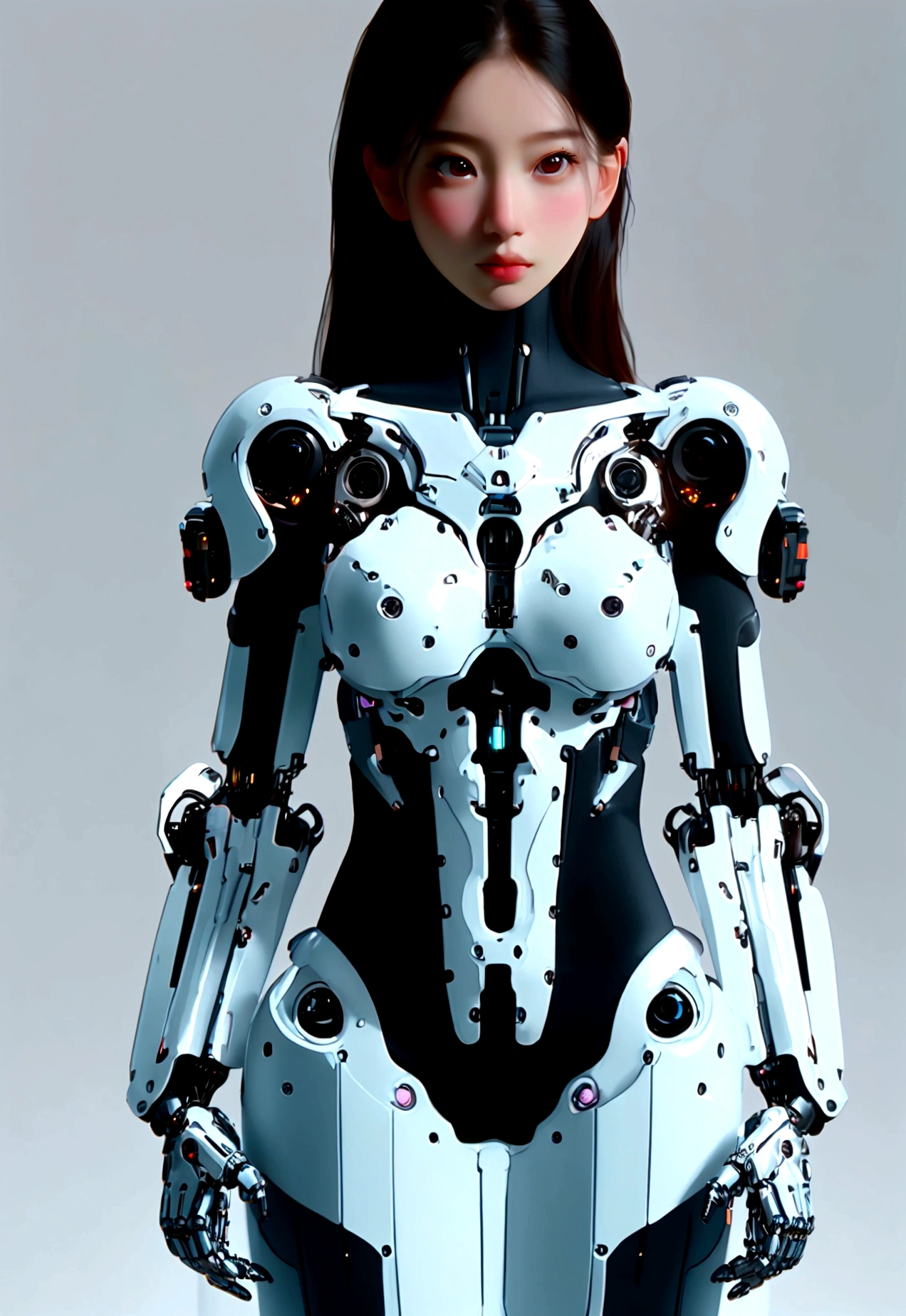 best quality, 1080P, Masterpiece, Ultra high resolution, realistic, ultra realism, Realistic skin texture, Extreme skin detail, DSLR, Detailed eyes, Double eyelids, very beautiful face, Concise facial structure, Gorgeous Asian woman, Pale skin, Realistic skin texture, Extreme skin detail, oc render reflection textures, Realistic light and shadow, Single picture, alone, Age 20, Height 165, naked girl, nude, no underwear, {{A girl with the body of a mechanical robot., The mechanical cervix is attached to the neck., beautiful breasts, White mechanical shoulder armor on both sides., elbow with mechanical joint, White mechanical hip armor on both sides with a circular blue neon light in the middle., flat stomach, perfect robot arm, perfect robot legs, Balanced slender body,full body view, Whole body photo.}}