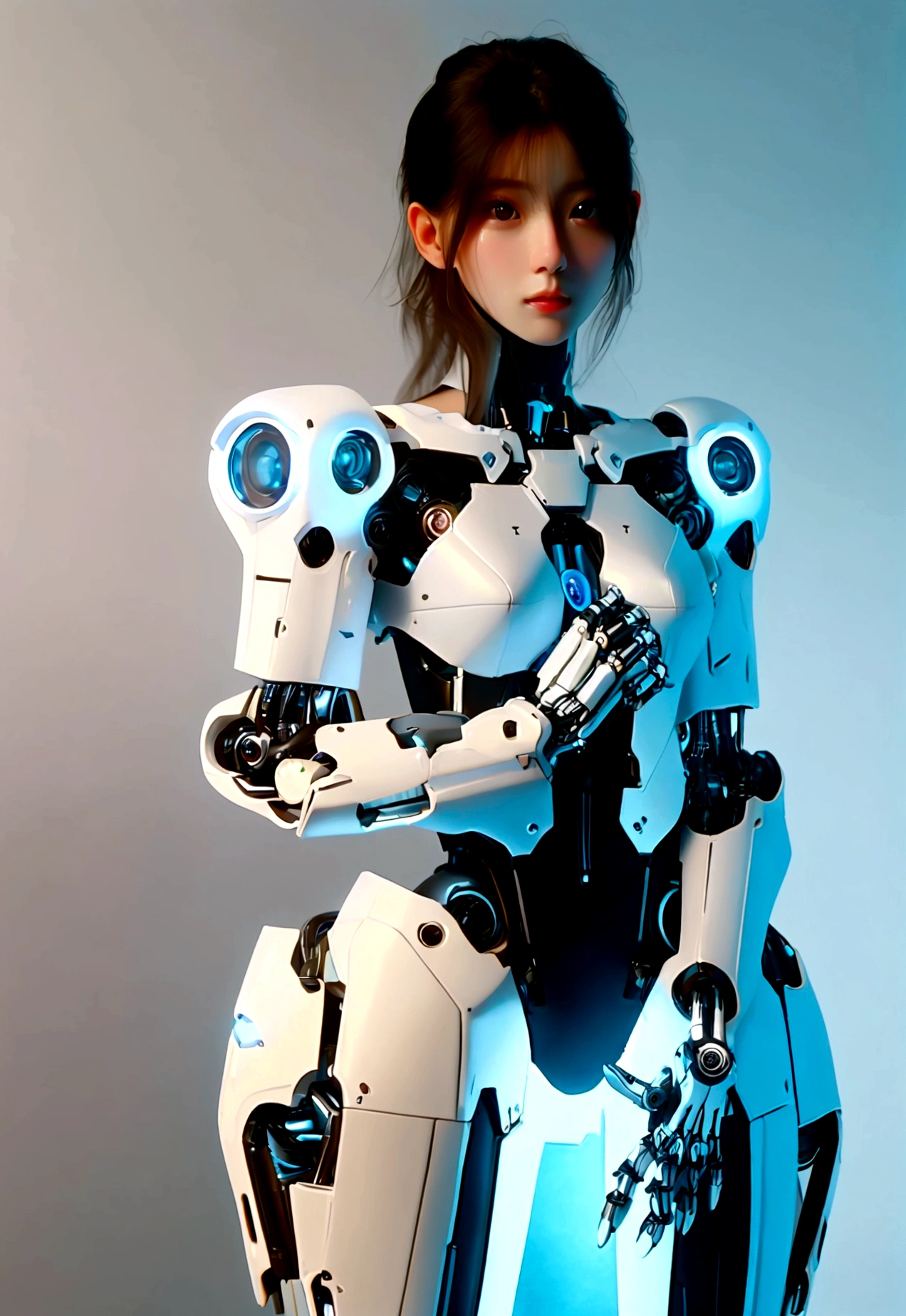 best quality, 1080P, Masterpiece, Ultra high resolution, realistic, ultra realism, Realistic skin texture, Extreme skin detail, DSLR, Detailed eyes, Double eyelids, very beautiful face, Concise facial structure, Gorgeous Asian woman, Pale skin, Realistic skin texture, Extreme skin detail, oc render reflection textures, Realistic light and shadow, Single picture, alone, Age 20, Height 165, naked girl, nude, no underwear, {{A girl with the body of a mechanical robot., The mechanical cervix is attached to the neck., beautiful breasts, White mechanical shoulder armor on both sides., elbow with mechanical joint, White mechanical hip armor on both sides with a circular blue neon light in the middle., flat stomach, perfect robot arm, perfect robot legs, Balanced slender body,full body view, Whole body photo.}}