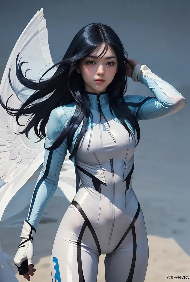 (masterpiece, best quality), 1girl,    AeroMarvel, 1girl, solo, long hair, blue eyes, large breasts, black hair, blue hair, white bodysuit,