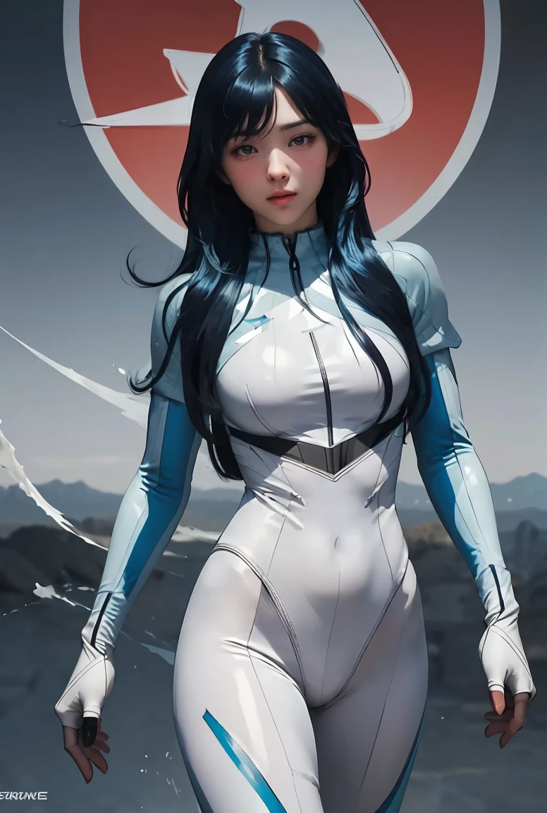 (masterpiece, best quality), 1girl,    AeroMarvel, 1girl, solo, long hair, blue eyes, large breasts, black hair, blue hair, white bodysuit,