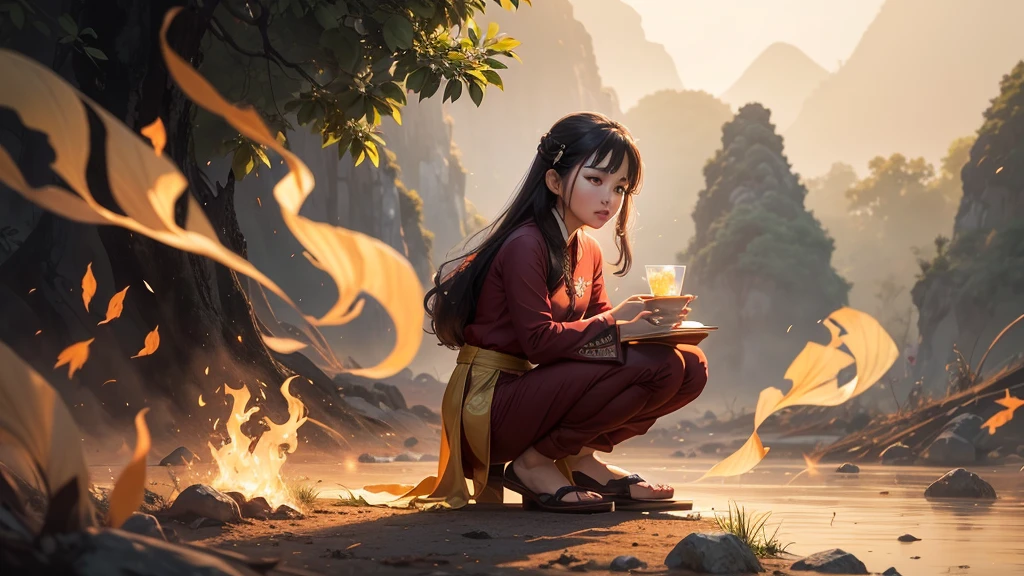 Bức ảnh này miêu tả một khung cảnh yên bình và thơ mộng bên bờ sông. Một ngôi nhà gỗ nhỏ với mái lợp truyền thống nằm trên bờ, xung quanh là cây cối và hoa cỏ. Trước ngôi nhà là một dòng sông tĩnh lặng, trên sông có một người chèo thuyền nhỏ đang di chuyển. Xa xa, những ngọn núi cao phủ sương mờ tạo nên một bức tranh phong cảnh hữu tình và tĩnh lặng. Những chi tiết như cây trúc, đá, và các dãy núi mờ ảo tăng thêm vẻ đẹp tự nhiên và thanh bình cho bức tranh.