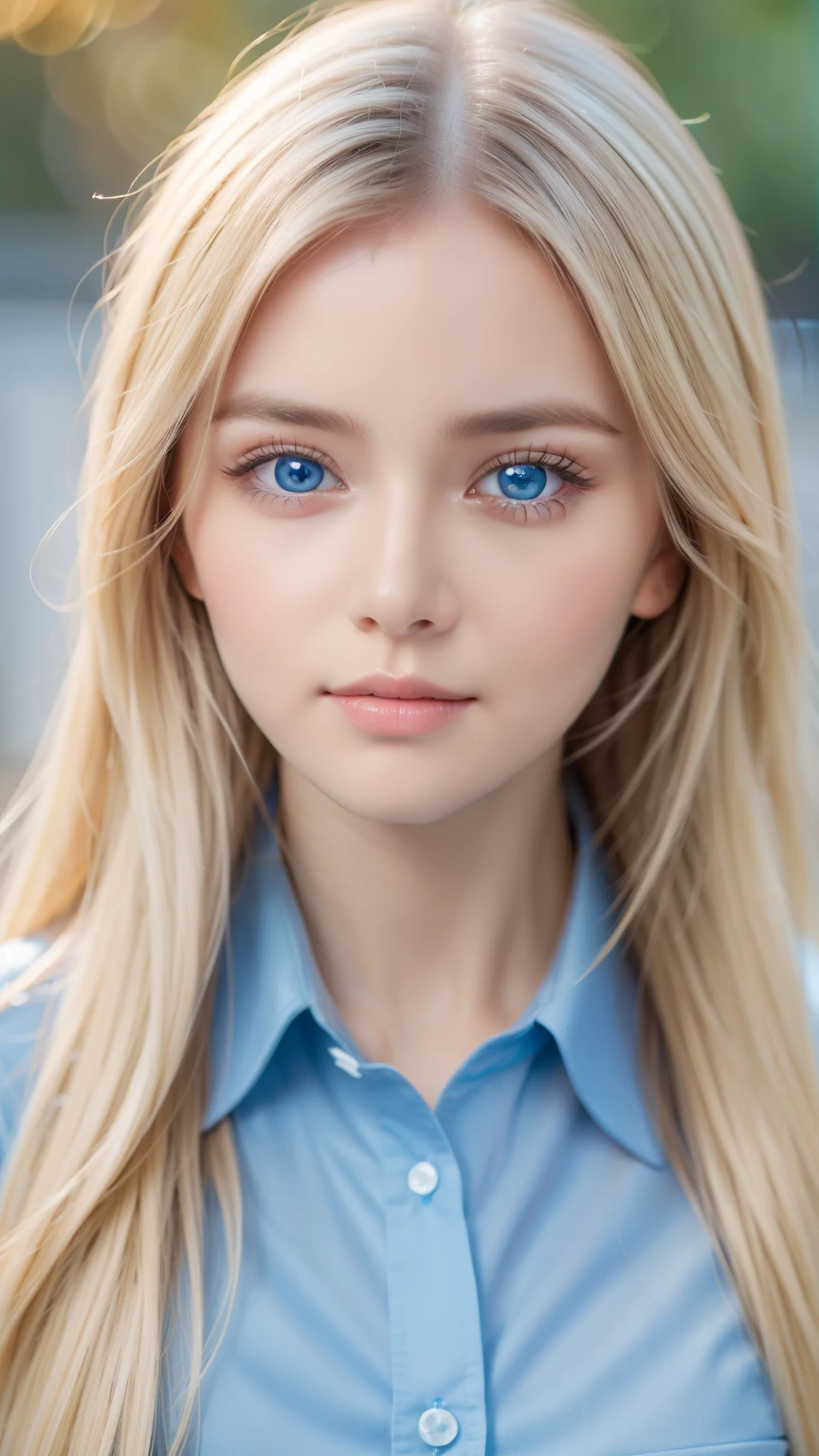 one female , super long hair, Beautiful and cute 15 year old beautiful girl、bangs between the eyes、very beautiful face、bright look、beautiful blue eyes, Bright and dazzling platinum blonde、Her hair is super long and silky straight.、eyebrows behind bangs、school uniform、、textured white skin, high details, best quality, 4k high resolution、Glossy skin、Big, bright light blue eyes that shine so beautifully、very big eyes、small face beauty、