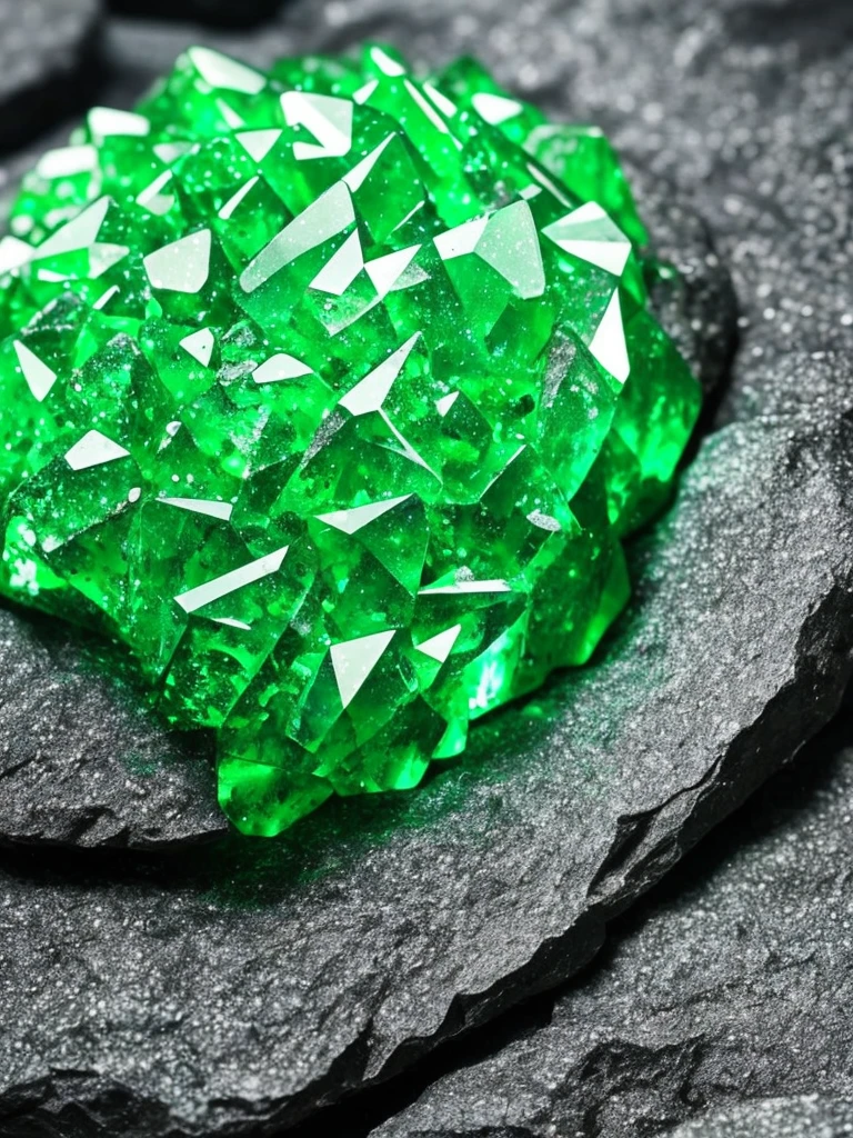 a close up of a green crystal on a rock with a dark background, a macro photograph by Eugene Leroy, flickr, crystal cubism, green crystal, beautiful crystals, glowing green crystals, emeralds, crystalline!!, crystals enlight the scene, crystals, translucent crystals, made of crystals, crystalized, with crystals on the walls, glowing crystals