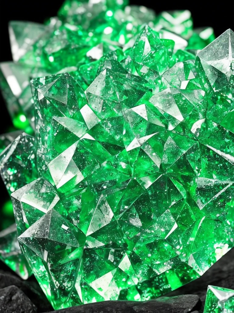a close up of a green crystal on a rock with a dark background, a macro photograph by Eugene Leroy, flickr, crystal cubism, green crystal, beautiful crystals, glowing green crystals, emeralds, crystalline!!, crystals enlight the scene, crystals, translucent crystals, made of crystals, crystalized, with crystals on the walls, glowing crystals