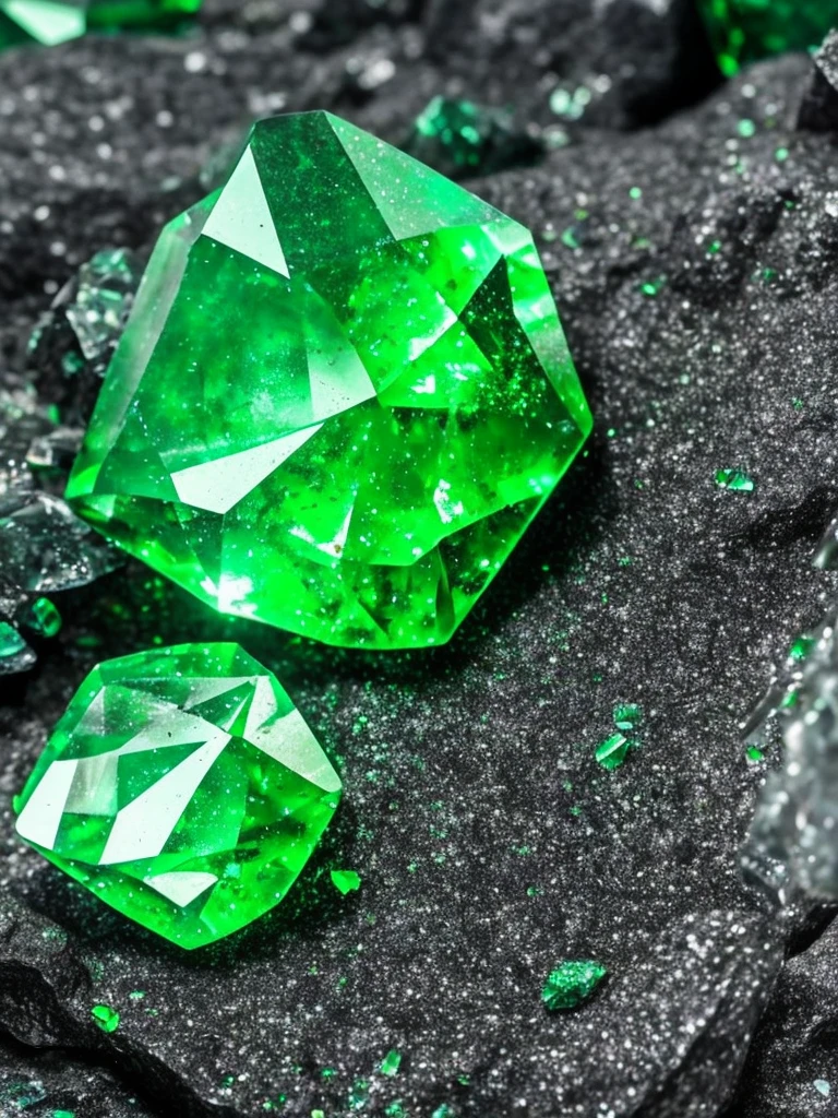 a close up of a green crystal on a rock with a dark background, a macro photograph by Eugene Leroy, flickr, crystal cubism, green crystal, beautiful crystals, glowing green crystals, emeralds, crystalline!!, crystals enlight the scene, crystals, translucent crystals, made of crystals, crystalized, with crystals on the walls, glowing crystals