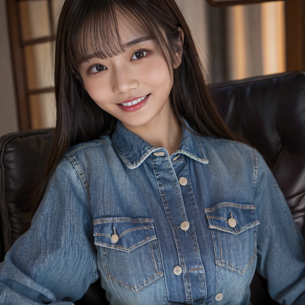 HD detailed, Super detailed, Realistic,Hyperrealism,Best image quality、Highest quality、masterpiece、Ultra-high resolution、Like the picture:1.5、Professional Lighting、Young Japanese Woman,Buttoned up、Wearing a skinny long sleeve denim shirt and jeans、A kind smile、Show the whole body