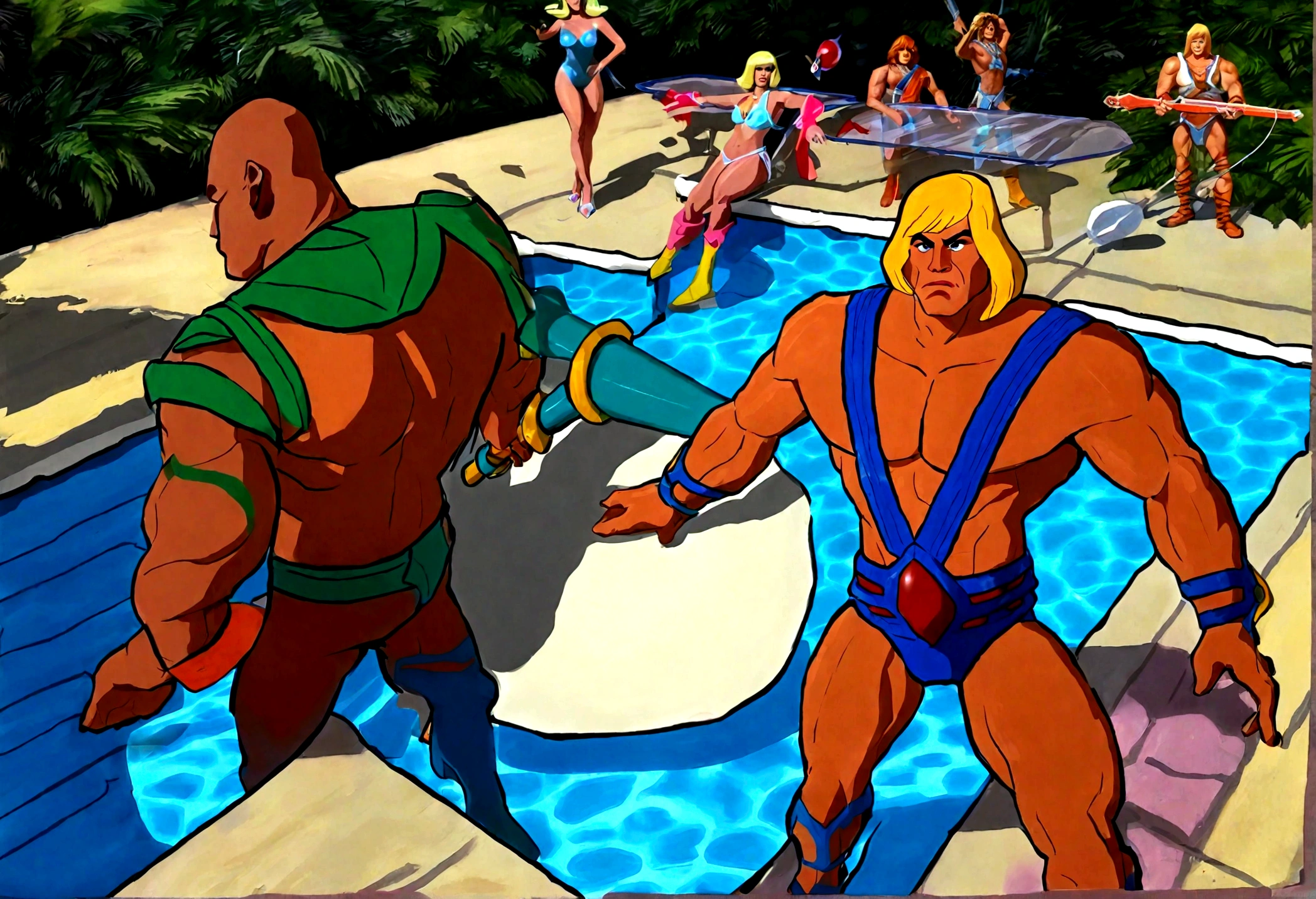 He Man and the Masters of the Universe, HeMan and friends are having a pool party. high fantasy