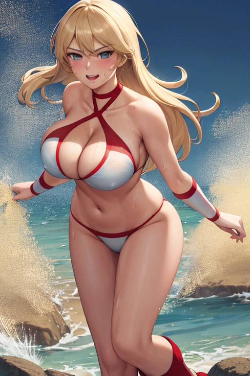 masterpiece, best quality, beautiful art, high resolution, well formed hands, body and fingers, 1 woman, solo, Kate Upton, blonde, full body , grown up, adult, huge and round breasted, cleavage, hair ornament, wearing a Tyris Flare outfit , white_bikini, full body, sexy and skimpy bikini, red boots, gorgeous hips, legs and thighs bouncing breasts, fighting in a combat match, showing her fighting skills, making her guard, about to hit the viewer, looking at the viewer, sweating, bouncing breasts, smiling joyfully and brightly, being confident and proud, action and fighting scene, fighting cage on beach environment ,fighting in a combat match, showing her fighting skills, making her guard, about to hit the viewer, looking at the viewer, sweating, bouncing breasts, smiling joyfully and brightly, being confident and proud, action and fighting scene, fighting cage on beach environment