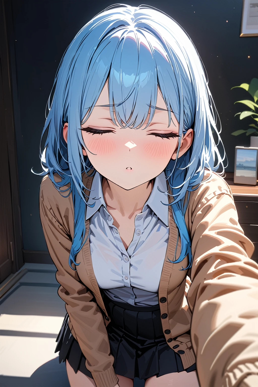 (masterpiece, best quality:1.5), (ultra detailed, high resolution, 8k, beautiful detailed, UHD, best anatomy), pale blue hair, small breasts, 1 girl, closed eyes, kissy face, A hopeful background, front view, cardigan, flared skirt, business shirt, Come closer to pov