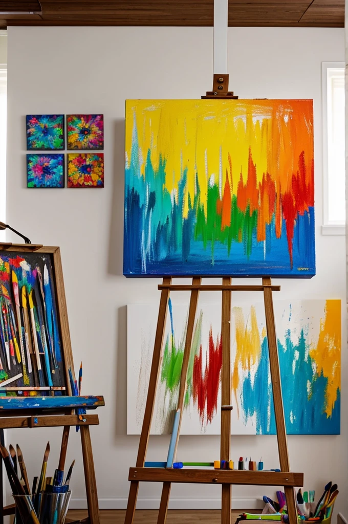 Imagine a vibrant image that represents the fine arts: an easel in the foreground holds a half-painted canvas, showing a mix of bright colors and energetic brush strokes. Around it, various artistic materials are scattered: Brushes, tubes of acrylic and oil paint, charcoal pencils, and palettes stained with pigments. At the bottom, a clay sculpture in progress, modeling tools, and sketches stuck to the wall. Natural light floods the space, highlighting the creativity and organized chaos of a passionate artist's workshop.