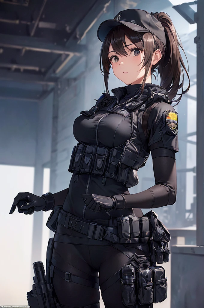 (((masterpiece; best quality: 1.2))), (finely detailed eyes: 1.3), (25 year old woman), (solo), (black eyes: 1.4), (body; lithe, fit, femenine: 1.3), (silky brown hair + ponytail: 1.3), (beautiful and clear background: 1.2), ((depth of field)), (equipment: spec ops full black tactical combat-ready gear + kevlar vest + black gloves + black baseball cap + pouches: 1.3), (anime illustration: 1.2), (background composition; military base office: 1.1), (extremely fine and beautiful: 1.1), (shot composition; standing + centered on torso + close-up: 1.5), (expression; calm, stoic: 1.2)