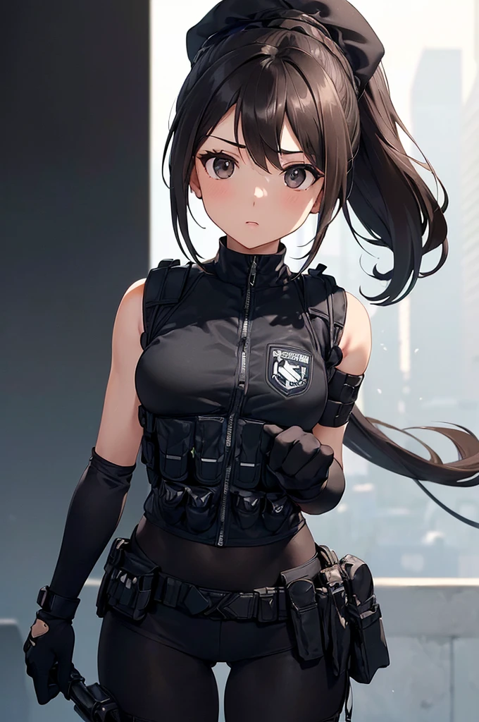 (((masterpiece; best quality: 1.2))), (finely detailed eyes: 1.3), (25 year old woman), (solo), (black eyes: 1.4), (body; lithe, fit, femenine: 1.3), (silky brown hair + ponytail: 1.3), (beautiful and clear background: 1.2), ((depth of field)), (equipment: spec ops full black tactical combat-ready gear + kevlar vest + black gloves + black baseball cap + pouches: 1.3), (anime illustration: 1.2), (background composition; military base office: 1.1), (extremely fine and beautiful: 1.1), (shot composition; standing + centered on torso + close-up: 1.5), (expression; calm, stoic: 1.2)
