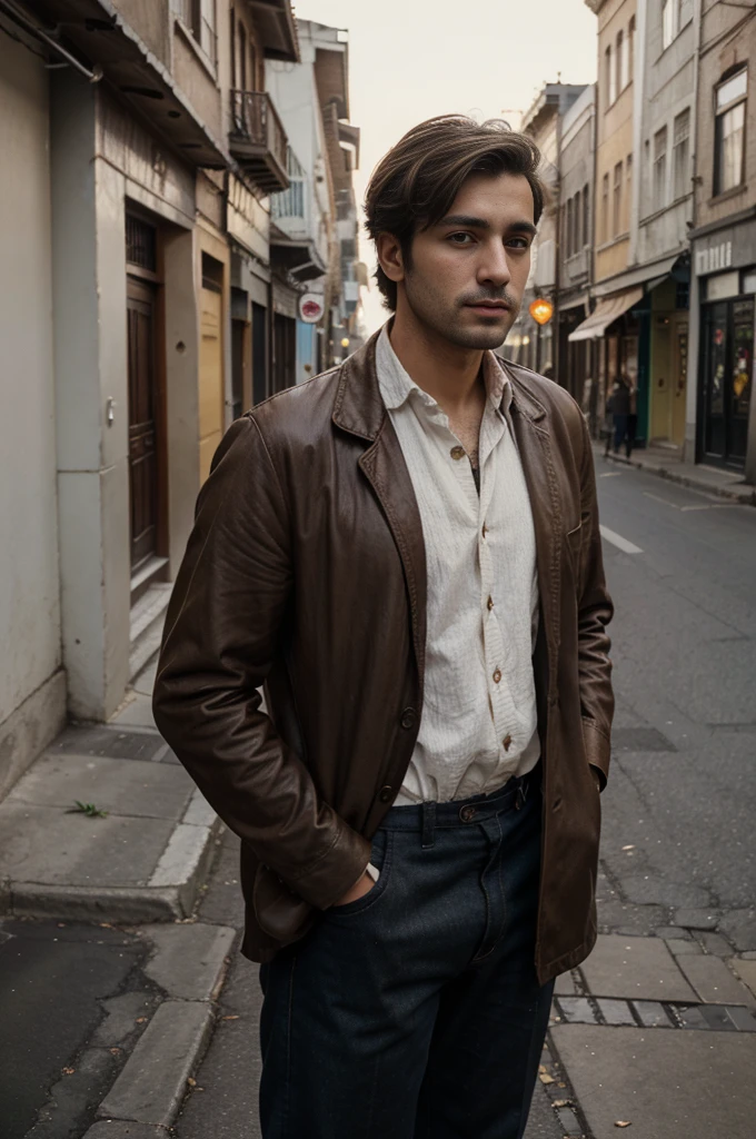 man, 28 years old, brown hair and eyes, handome, 1900 style, clothes from 10's, stylish, (medium skin from Iran), FUJIFILM, cinematography, 16k, uhd, in a street