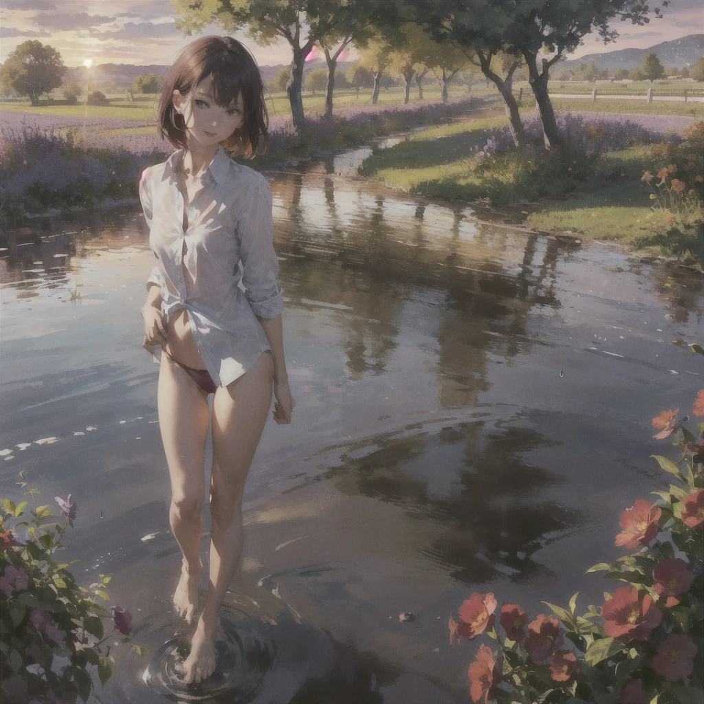 Exquisite, slender, delicate girl of  with a perfect gentle face of the southern type (with short dark burgundy hair) with freckles (with ruby earring) in the rays of the rising sun, naked with tender bare breasts with pink swollen nipples ((barefoot)) ((in an unbuttoned open burgundy shirt over a naked body and in small burgundy panties)) (on the veranda in the garden) Drinks (coffee) and looks at the flowers, in watercolor style, subdued dark shades, Flares, (imitation of film photography), against the sun, a lot of sun glare, light fills the frame, olive and grape groves, strong wind, Brick Road, high image quality, Maximum detail, sunset lighting, evening shades, (warm golden and olive sunset light), (thunderous shades, purple and dark shades), big space eyes, olive and grape groves, Brick Road, ((brick house, coffee, coffeeйные чашки, coffeeйник)), ((Pouring rain, rain jets, puddles, девушка бежит barefoot под дождём, purple ink sky))