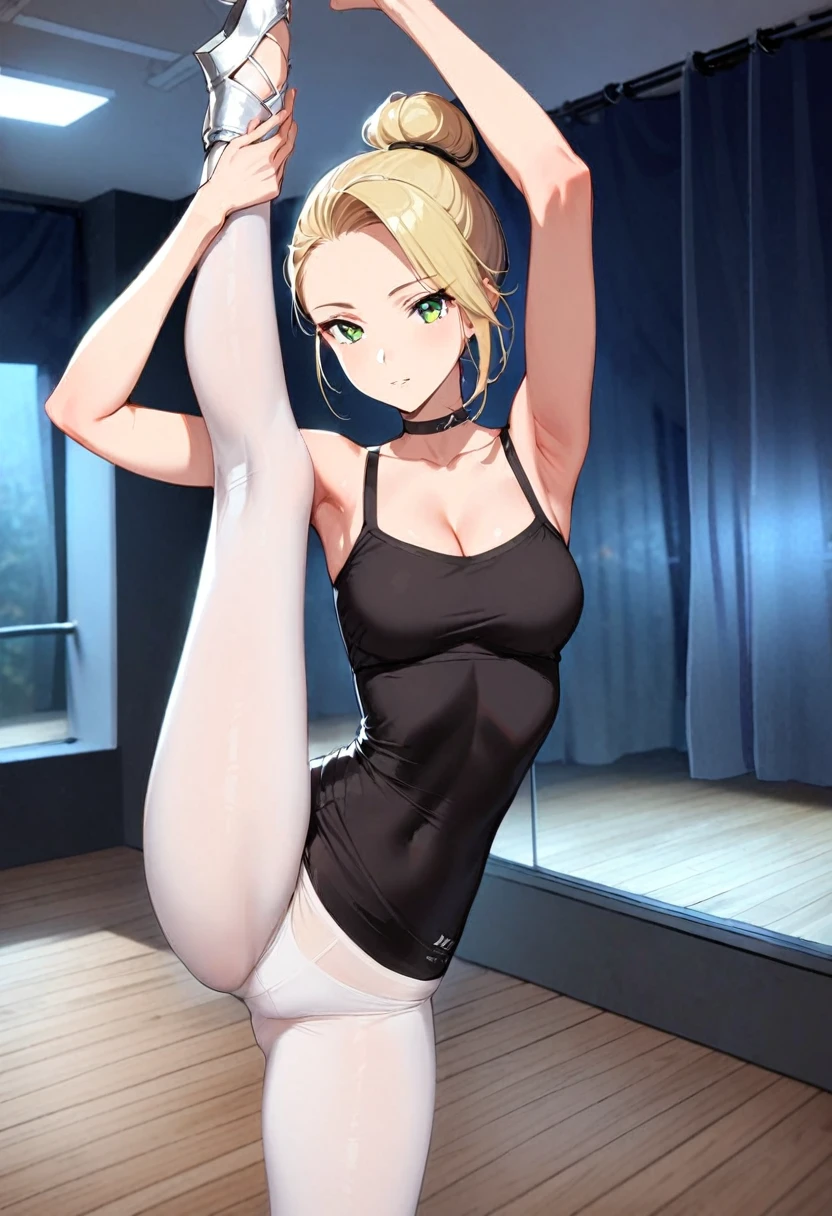 A woman, 21-years-old, solo, Caucasian, blonde hair tied back in a bun, no bangs, green eyes, black tube top, shoulders, black choker, white pantyhose, standing_split, dance studio, wooden floors, curtains, pointe shoes, calm facial expression, serene, relaxed, peaceful, soft gaze, night, cleavage