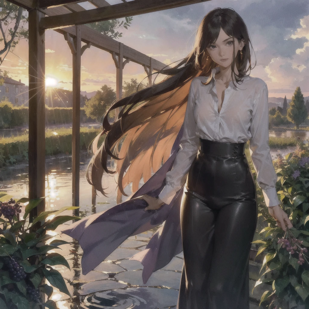 Exquisite, slender, delicate girl of 16 years old with a perfect gentle face of the southern type (with short dark burgundy hair) with freckles (with ruby earring) in the rays of the rising sun, naked with tender bare breasts with pink swollen nipples ((barefoot)) ((in an unbuttoned open burgundy shirt over a naked body and in small burgundy panties)) (on the veranda in the garden) Drinks (coffee) and looks at the flowers, in watercolor style, subdued dark shades, Flares, (imitation of film photography), against the sun, a lot of sun glare, light fills the frame, olive and grape groves, strong wind, Brick Road, high image quality, Maximum detail, sunset lighting, evening shades, (warm golden and olive sunset light), (thunderous shades, purple and dark shades), big space eyes, olive and grape groves, Brick Road, ((brick house, coffee, coffeeйные чашки, coffeeйник)), ((Pouring rain, rain jets, puddles, девушка бежит barefoot под дождём, purple ink sky))