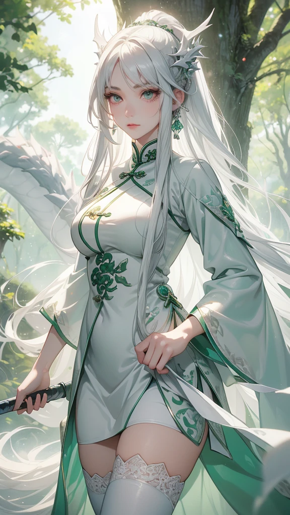 work of art, best qualityer, ultra epic details, long white hair, white eyelashes , gray eyes, greatsword, surrounded by a large and long green Chinese mythological dragon, white stockings, white outfit, forest in the background, rosto angelical ((Face ultra detailed)), (perfects eyes)