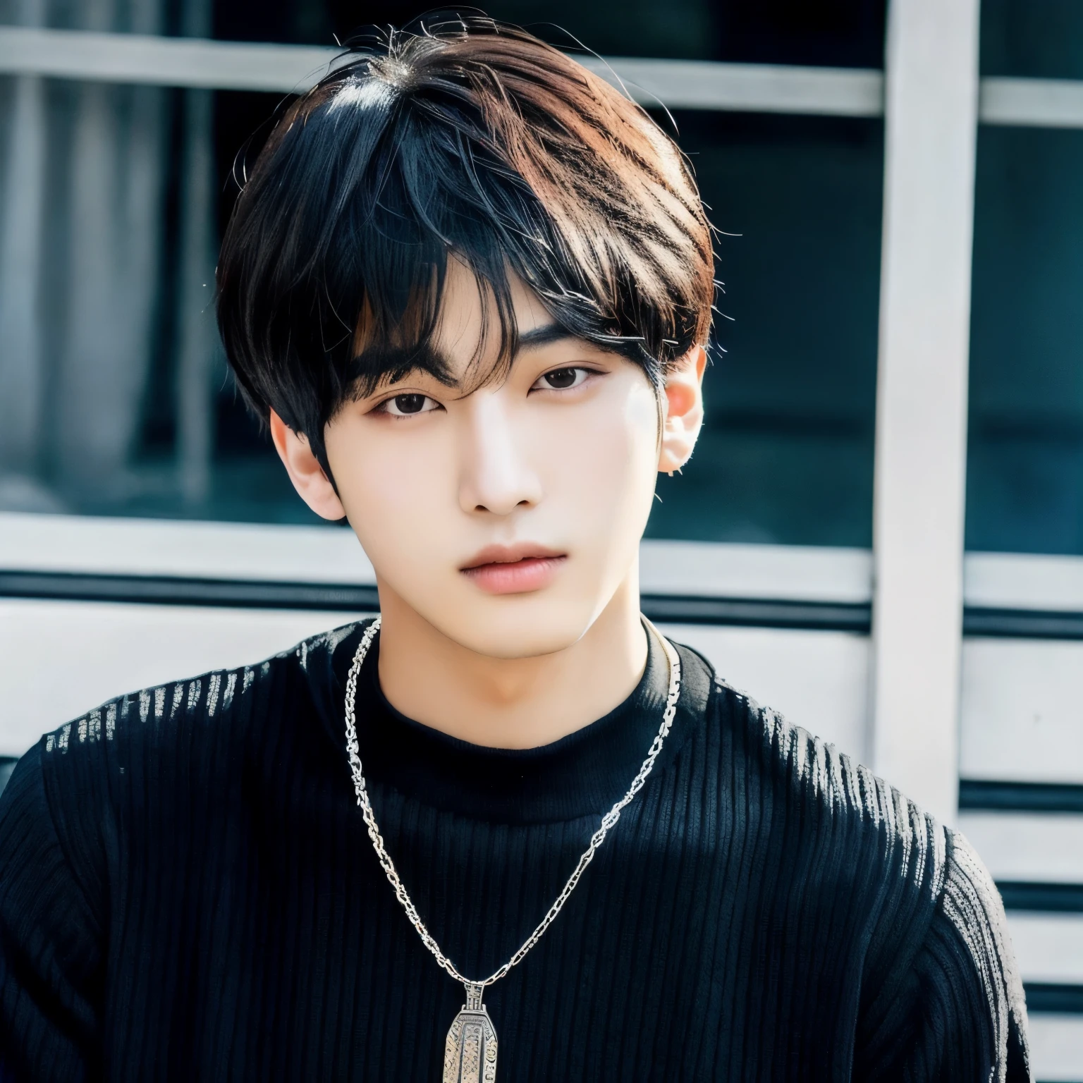mushroom cut,Arabian Asian man wearing a black sweater and a chain necklace, The boy has short black hair, male Ulzzang, Hyuntae, Short hair, Jungkook, Kim Do-young, Cai Xukun, Hong Jun hyung, Ulzzang, black haired yoongi, 1. The thin face of a 7-year-old boy, Kim Tae-jun, Inspired by Kun Kang