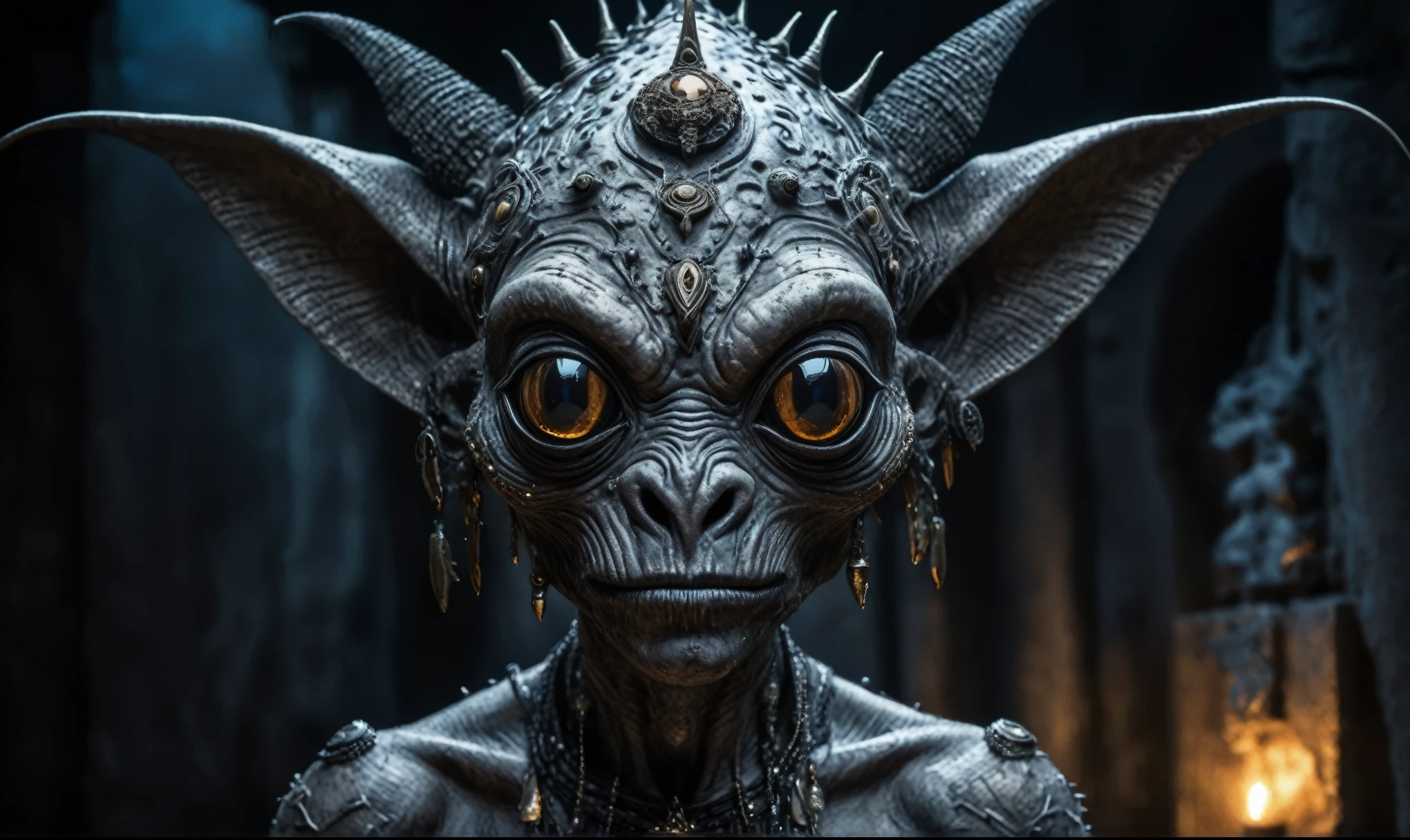 full body length shot,nerd graphite  Alien Entity,native africa slave ,nowadays azctec central city,Cinematic,soft colors, Technicolor,natural skin textures, hyper realism, hyper detailed,Extremely detailed,High contrast,Masterpiece,Realistic,Ultra Detailed, intricate details,realistic humid leather,extremely intricate details,Epic Realistic, cinematic style, irina yermolova,high contrast,hdr,extremely detailed, [deep night landscape],masterpiece, intricate details, eyes extremely detailed, high detailed eyes,8k resolution,retina, Nikon Z9,Korea,orc,Egypt, Pisces, transition between two art styles,full body length, Double contact, X-ray, Creative, vivid light, fantasy, Abstract, Surrealism, super detailed, high resolution,insanity national folk wear,skin  almost translucent, gothic elements, further emphasizing its dark air,Mestichino,Light particles,chaos,starfish's leather,Angkor Wat of Cambodia,"(The best lighting, dark, dramatic),(alien troll half-skull fetus, Hellraiser, Scars, , poison brain, , a rat inside the head, terror.),(fish eyes, calaveras). morning light.

