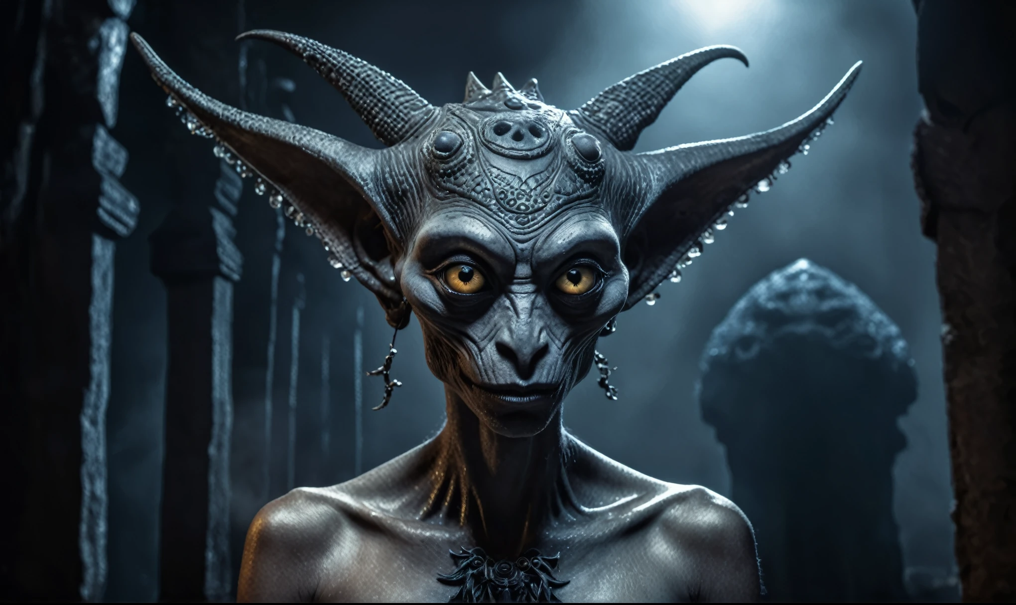 full body length shot,nerd graphite  Alien Entity,native africa slave ,nowadays azctec central city,Cinematic,soft colors, Technicolor,natural skin textures, hyper realism, hyper detailed,Extremely detailed,High contrast,Masterpiece,Realistic,Ultra Detailed, intricate details,realistic humid leather,extremely intricate details,Epic Realistic, cinematic style, irina yermolova,high contrast,hdr,extremely detailed, [deep night landscape],masterpiece, intricate details, eyes extremely detailed, high detailed eyes,8k resolution,retina, Nikon Z9,Korea,orc,Egypt, Pisces, transition between two art styles,full body length, Double contact, X-ray, Creative, vivid light, fantasy, Abstract, Surrealism, super detailed, high resolution,insanity national folk wear,skin  almost translucent, gothic elements, further emphasizing its dark air,Mestichino,Light particles,chaos,starfish's leather,Angkor Wat of Cambodia,"(The best lighting, dark, dramatic),(alien troll half-skull fetus, Hellraiser, Scars, , poison brain, , a rat inside the head, terror.),(fish eyes, calaveras). morning light.

