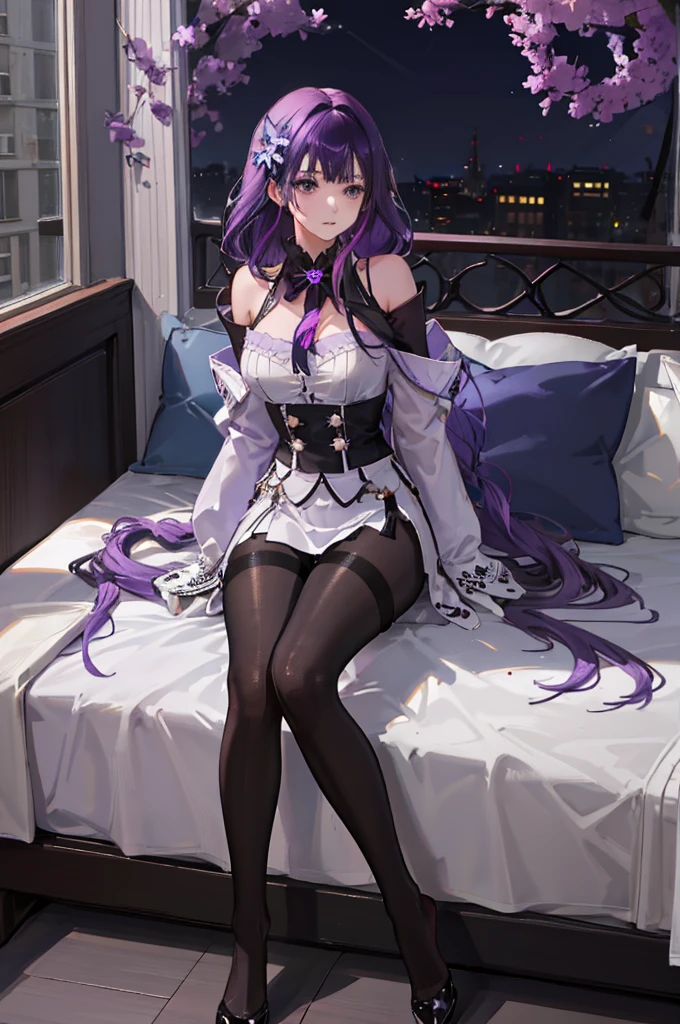 (((1 girl)),ray tracing,(dim lighting),[detailed background (bedroom)),((purple hair)),((purple hair)),(Fluffy purple hair, plump slender girl)) with high ponytail)))) Avoid blonde eyes in the ominous bedroom ((((Girl wears intricately embroidered black high-waisted pants with pantyhose) and white ruffled bow gloves), showing a delicate slim figure and graceful curves, correct limbs, sitting on the bed