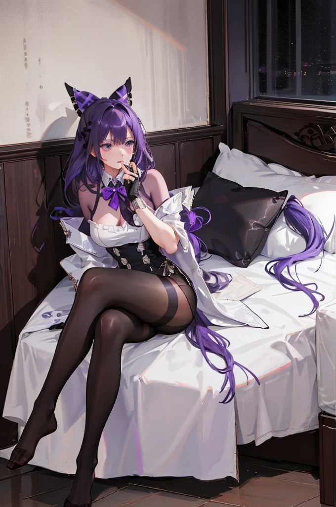 masterpiece, Highest quality, Super Resolution, 8K, 15-year-old female, Purple long hair, Handsome face, ((Big Eyes, black eye, Close your eyes halfway)), A simple white see-through dress, Golden corset around the waist, Sexy slit in skirt, White knee socks, (( Wide open chest, Large Breasts)), ((Nipples, Small purple lingerie)), Love juice drips from lingerie, Spread your arms wide, Sexy pose with butt facing the viewer, Inserting a tail dildo into anal, Temple of the Night, Greek statue of Athena behind