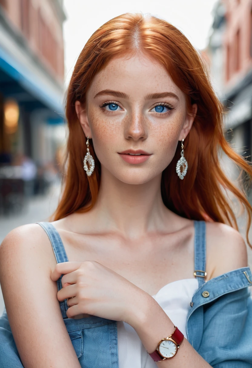 Create a realistic image of a 20-year-old female influencer. She has vibrant red hair and bright blue eyes. Her skin is fair and flawless, with a touch of freckles on her face. She is dressed in a modern and stylish way, reflecting the latest fashion trends. Her expression is confident and friendly, with a slight smile. She is in an urban setting, perhaps on a busy street or in a chic café, with a background that suggests an active and social life. The lighting is natural, highlighting her facial features and enhancing the color of her eyes and hair. Add modern accessories, such as small earrings, a watch or bracelet, and perhaps a cell phone in one of her hands, reinforcing her image as a digital influencer. Make sure to capture the vivacity and charisma of the young woman in her expression and posture.